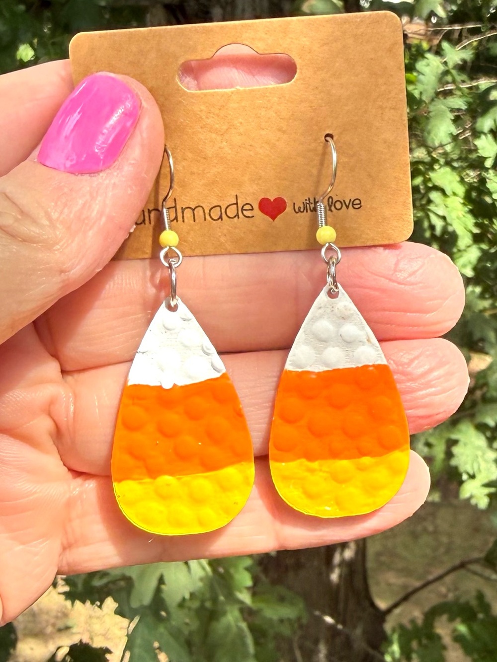 Hand Crafted candy corn teardrop 1.5” earrings for fall Autumn Halloween